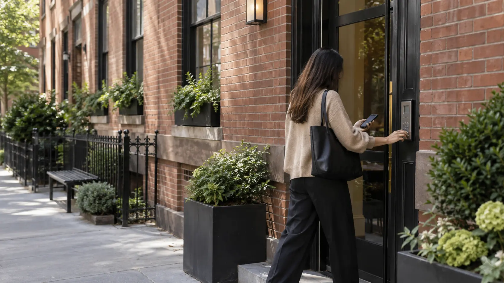 Resident using the exterior entry system at a Brooklyn apartment building
