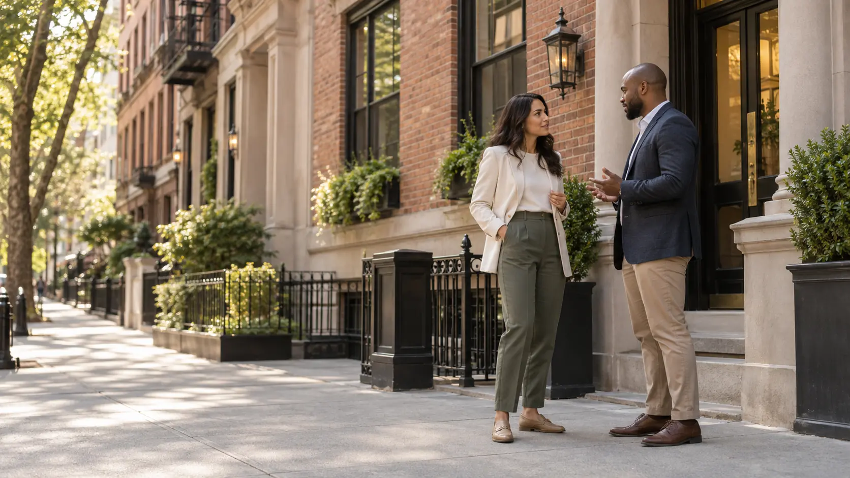 Two property professionals speaking outside a Brooklyn residence